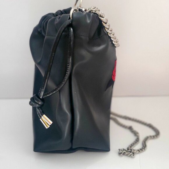 NEWER Faux Leather Black Bucket Crossbody Bag Silver Chain Embroidered Rose - Picture 5 of 13